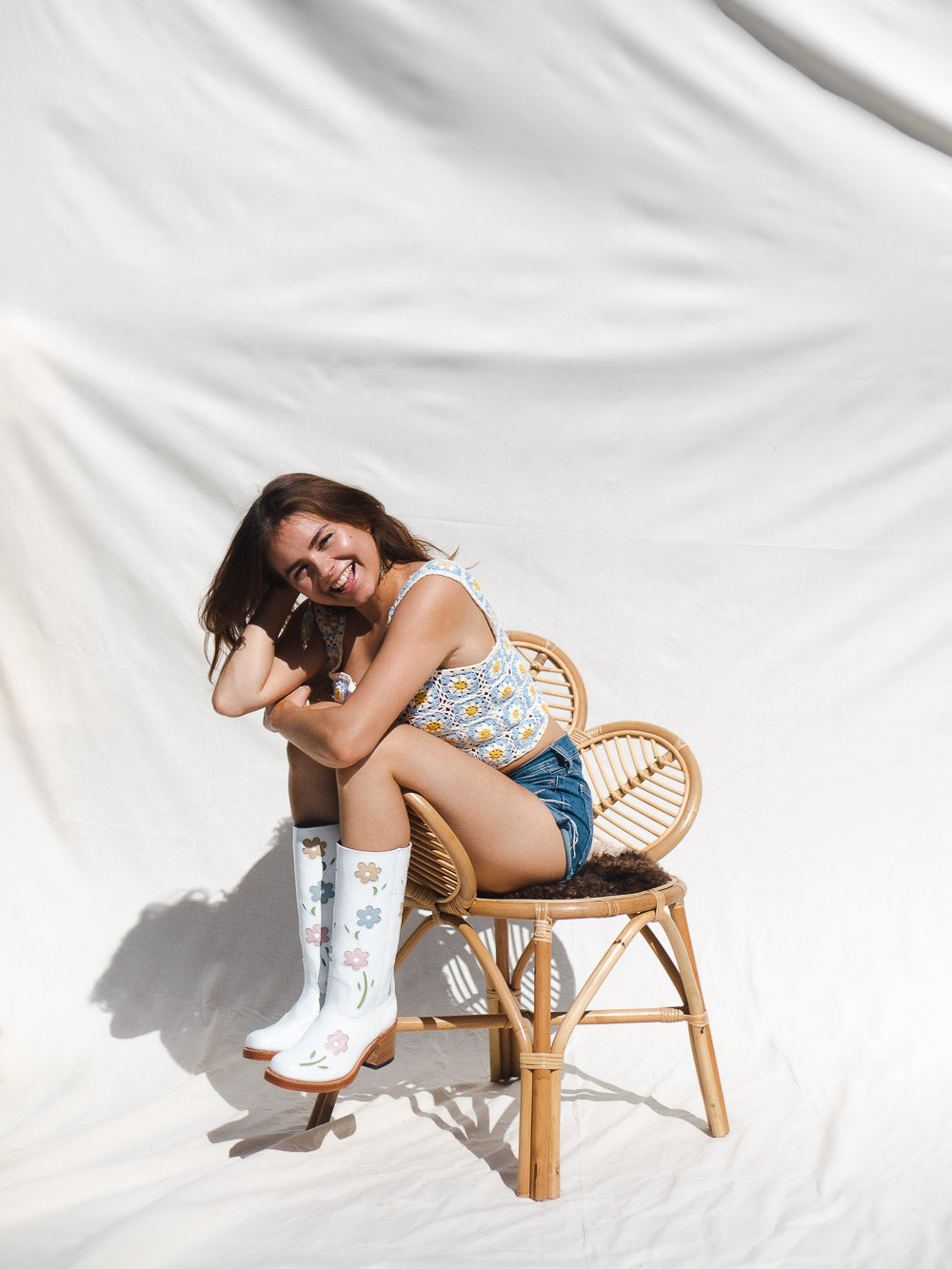 Sendra leather floral boots white