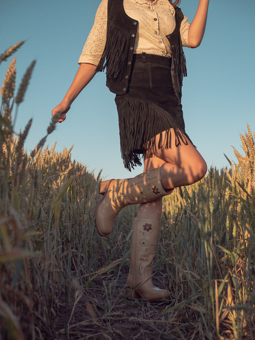 Vintage leather cowboy fringe set black